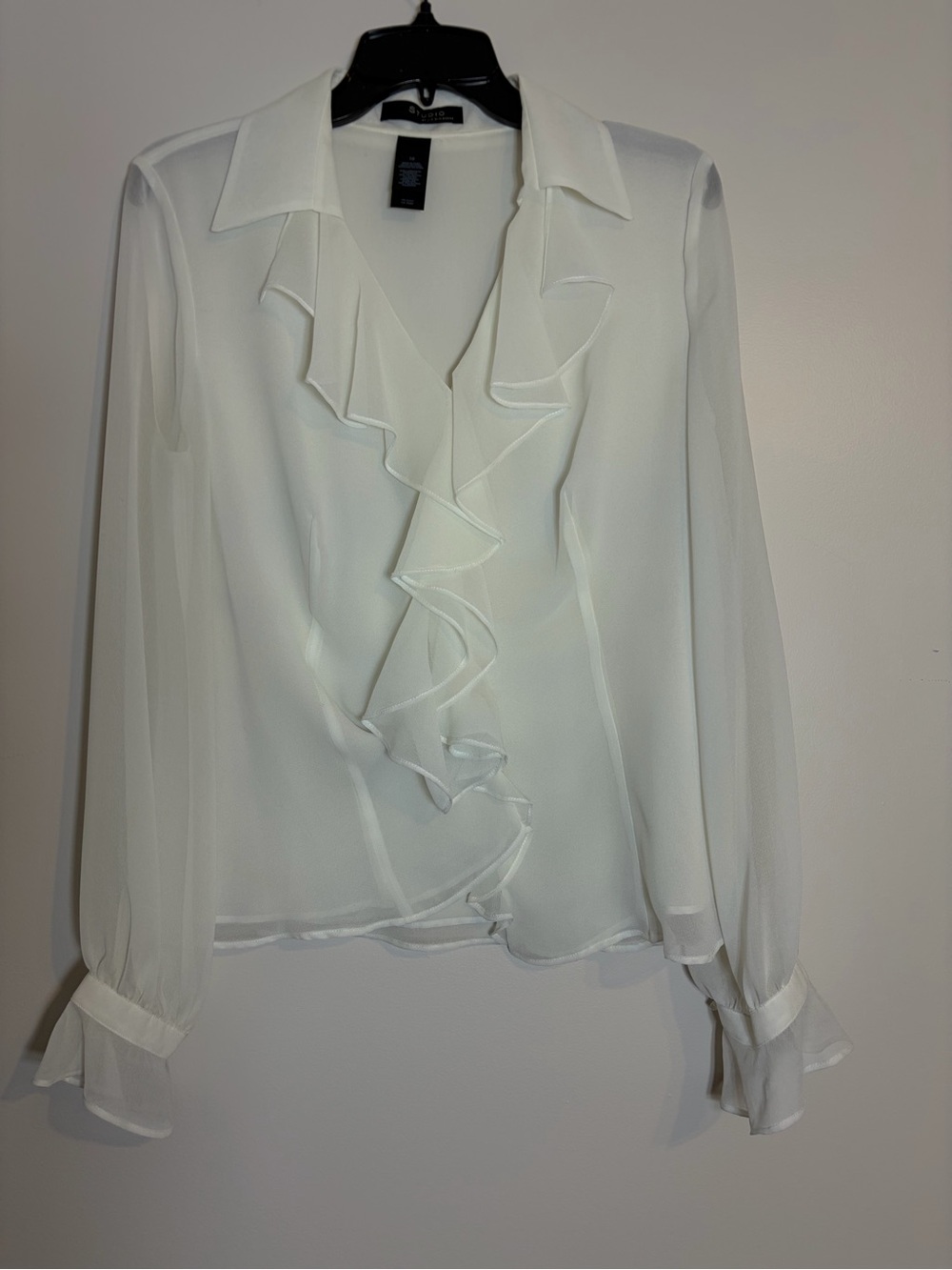 90s White Ruffle V-Neck Sheer Button Up Blouse. Ruffle Top. - Picture 3 of 9